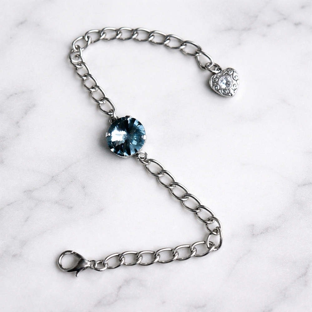 Silver Chain Bracelet with Single Gray Crystal | Handmade